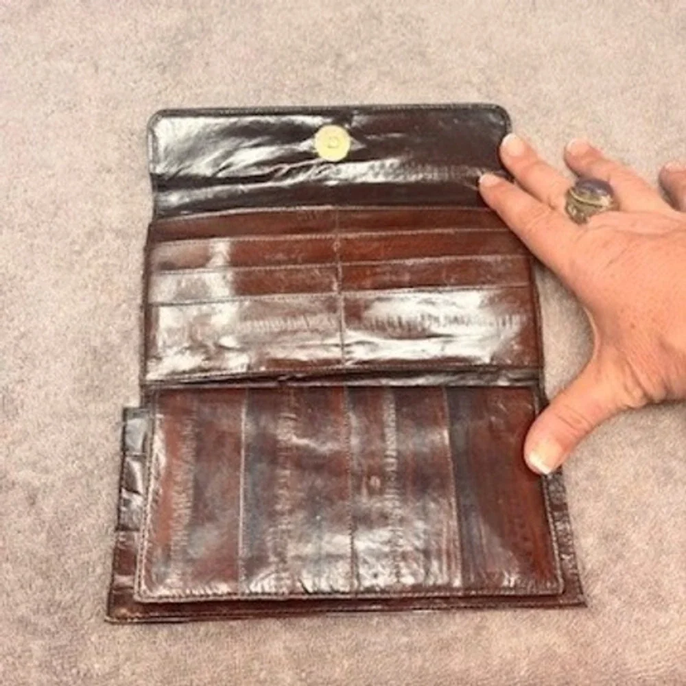 Vintage Genuine Eel Skin Leather Women's Long Wallet Clutch Dark Brown